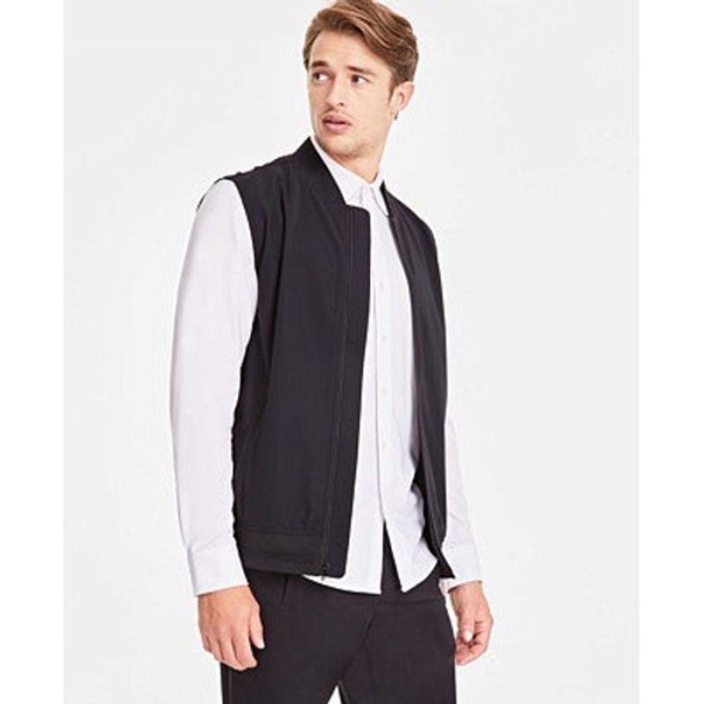 Alfani Mens Alfatech Zipper Vest Deep Black Stretch Bomber Collar‎ Medium NEW